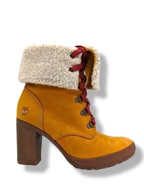 TIMBERLAND CAMDALE Fleece Fold-Down Tan Leather Heeled Boots Women’s 10